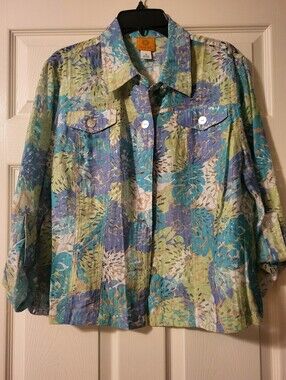 Ruby Rd. Floral Button-Front Shirt Jacket - Teal, Blue & Green